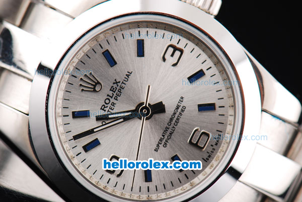 Rolex Air King Oyster Perpetual Swiss ETA 2836 Automatic Movement Silver Case with Silver Dial and Blue Stick Markers-Lady Size - Click Image to Close